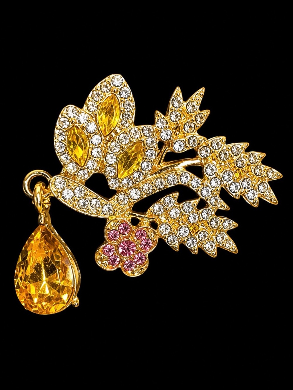 Gold-Tone Yellow Crystal Floral Brooch with Pink Accent - Women Jewelry